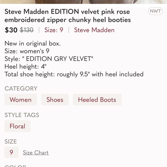 steve madden Edition velvet pink rose embroidered zipper chunky heeled booties - Picture 3 of 15